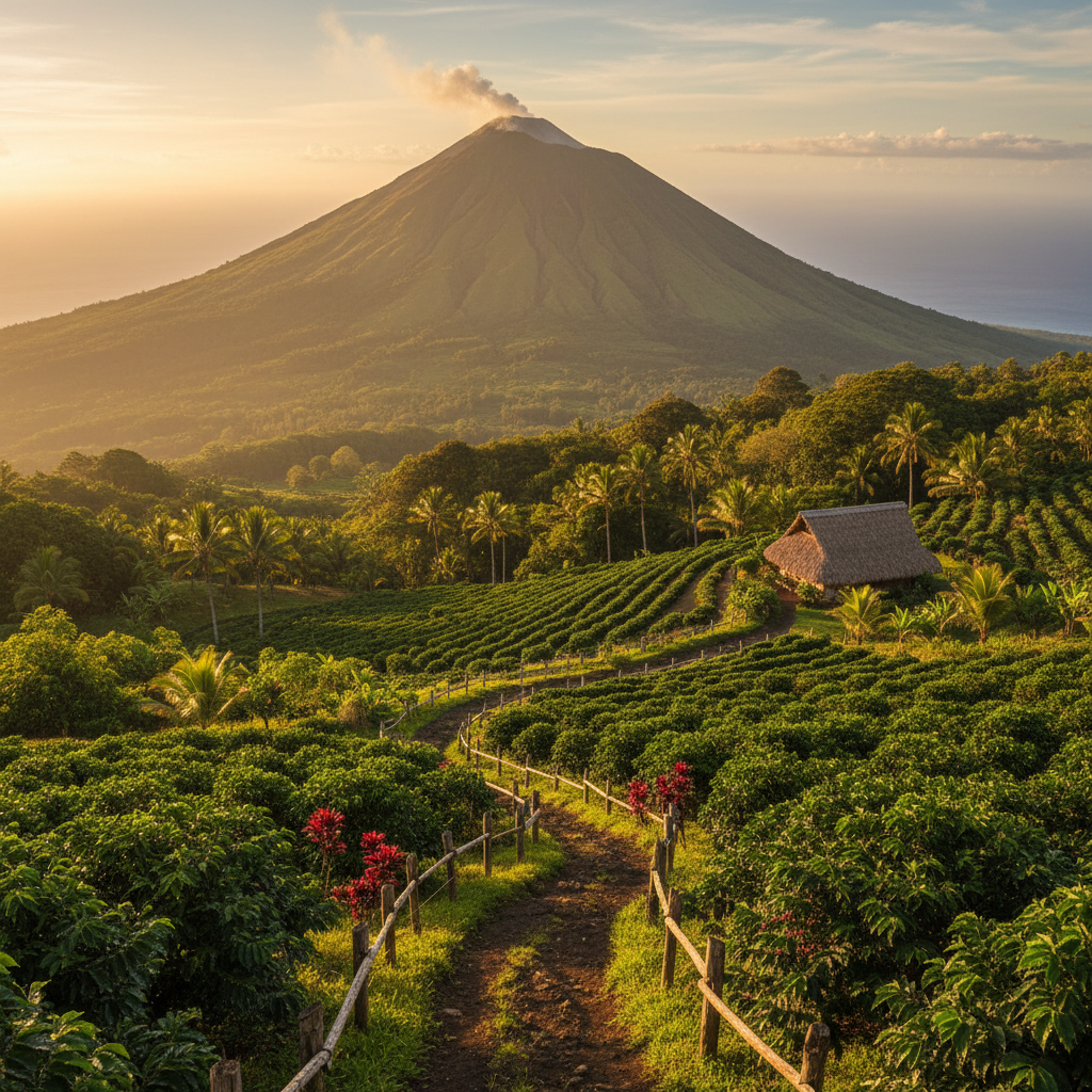 Hawaiian volcano with coffee plants on volcanic slopes